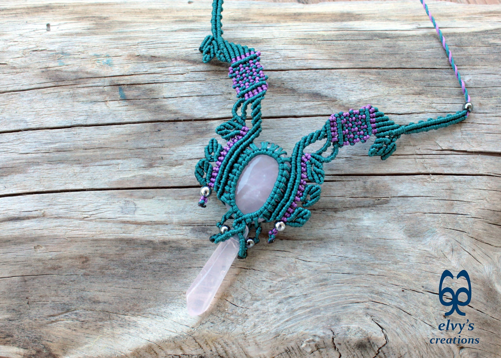 Green Macrame Necklace Choker with Rose Crystal Quartz Purple Boho Necklace