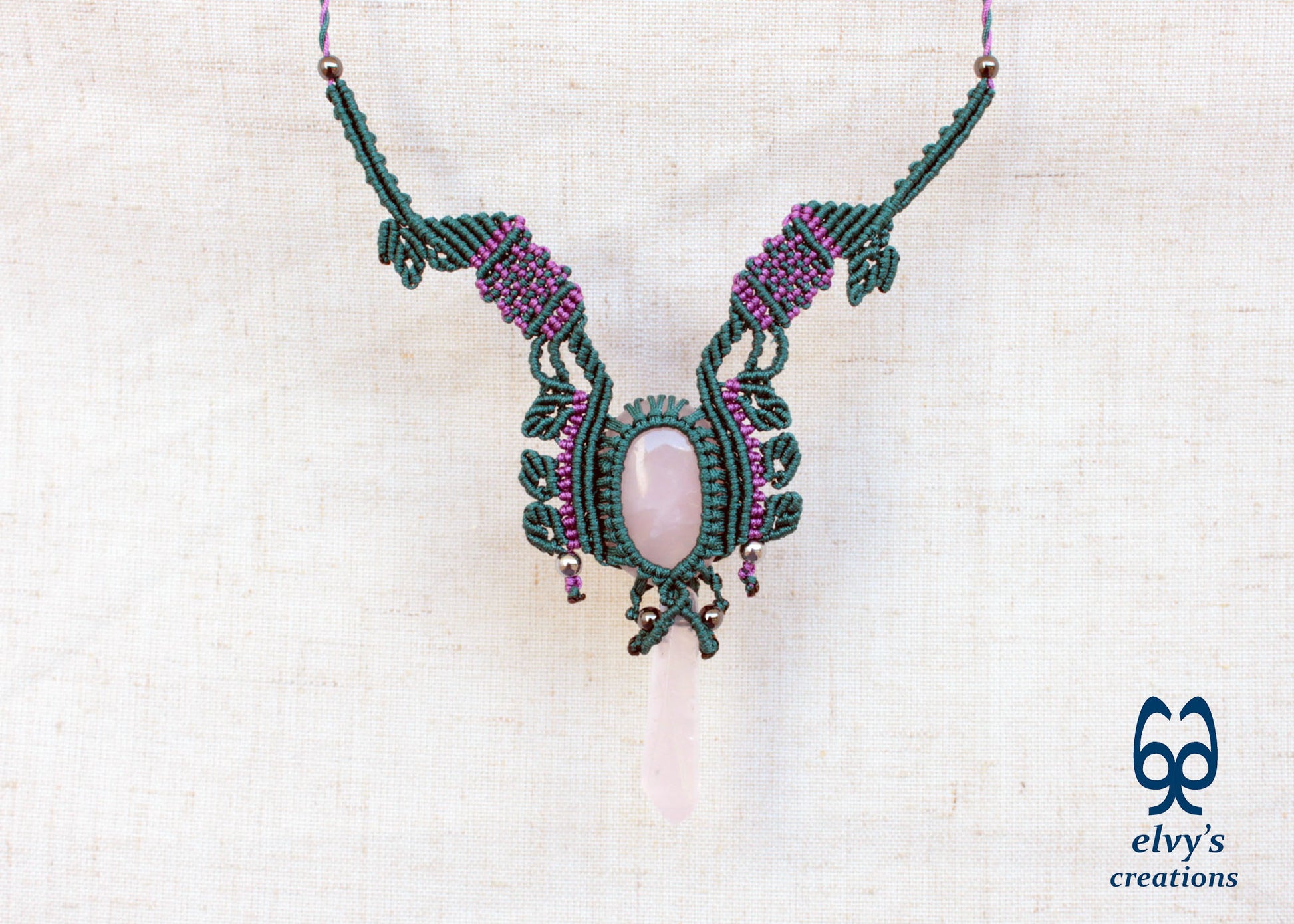 Green Macrame Necklace Choker with Rose Crystal Quartz Purple Boho Necklace