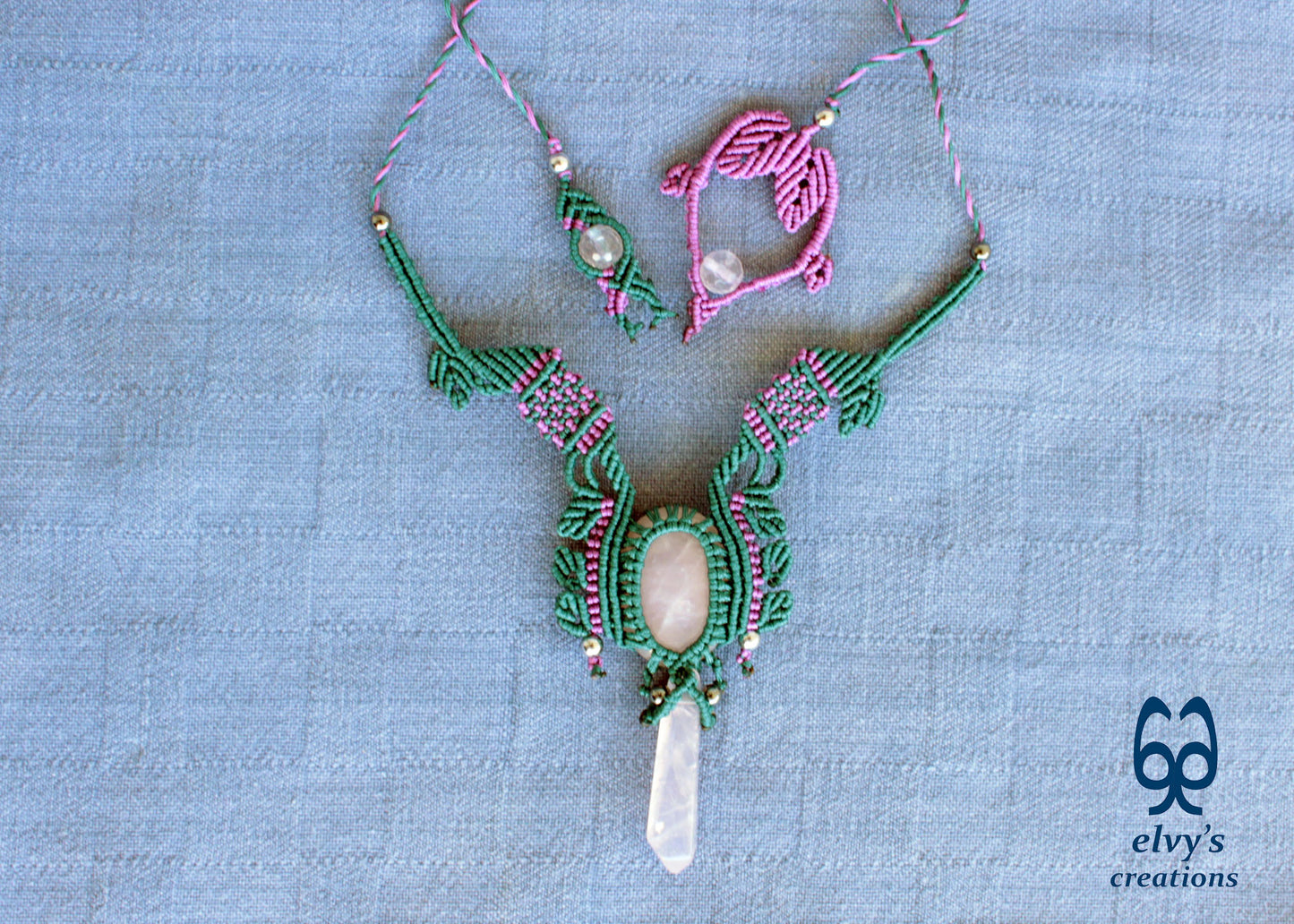 Green Macrame Necklace Choker with Rose Crystal Quartz Purple Boho Necklace