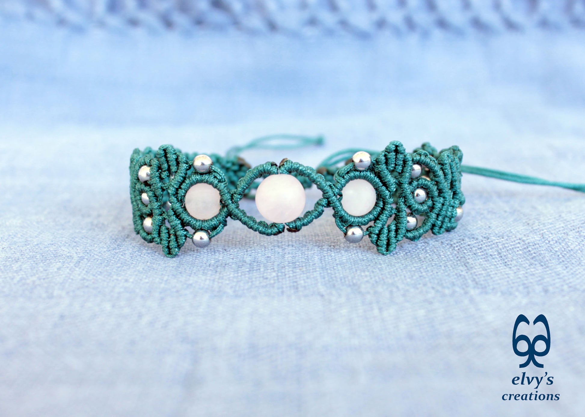 Green Macrame Bracelet with Beryl Gemstones Adjustable Green Handmade Bracelet