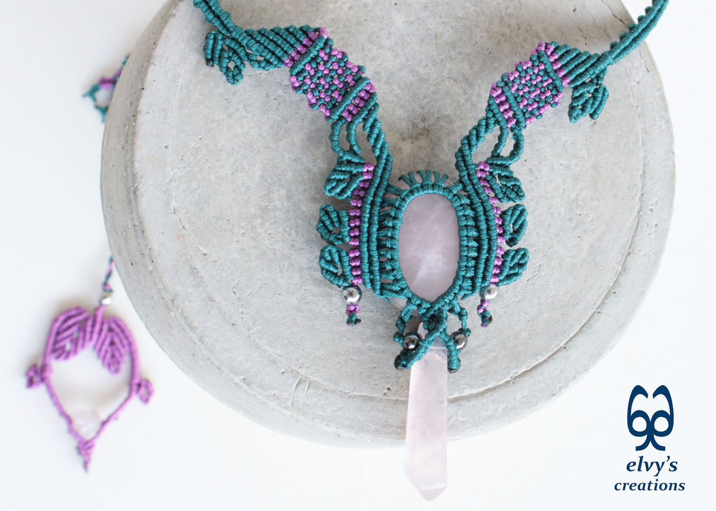 Green Macrame Necklace Choker with Rose Crystal Quartz Purple Boho Necklace