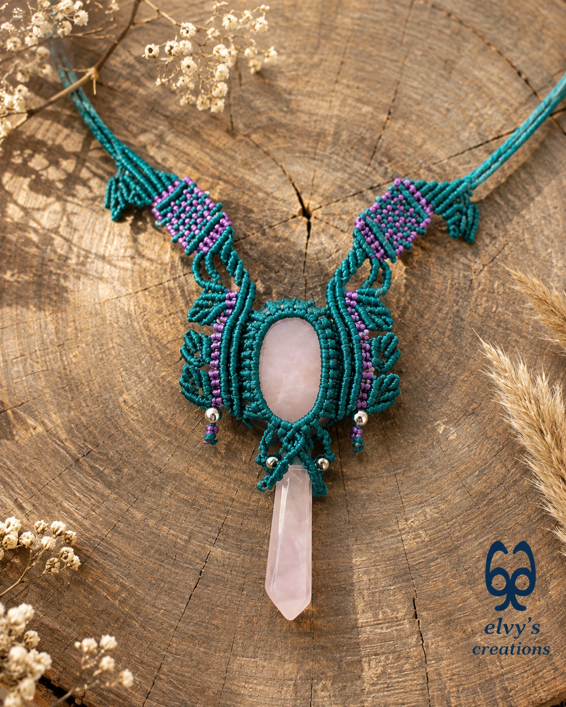 Green Macrame Necklace Choker with Rose Crystal Quartz Purple Boho Necklace