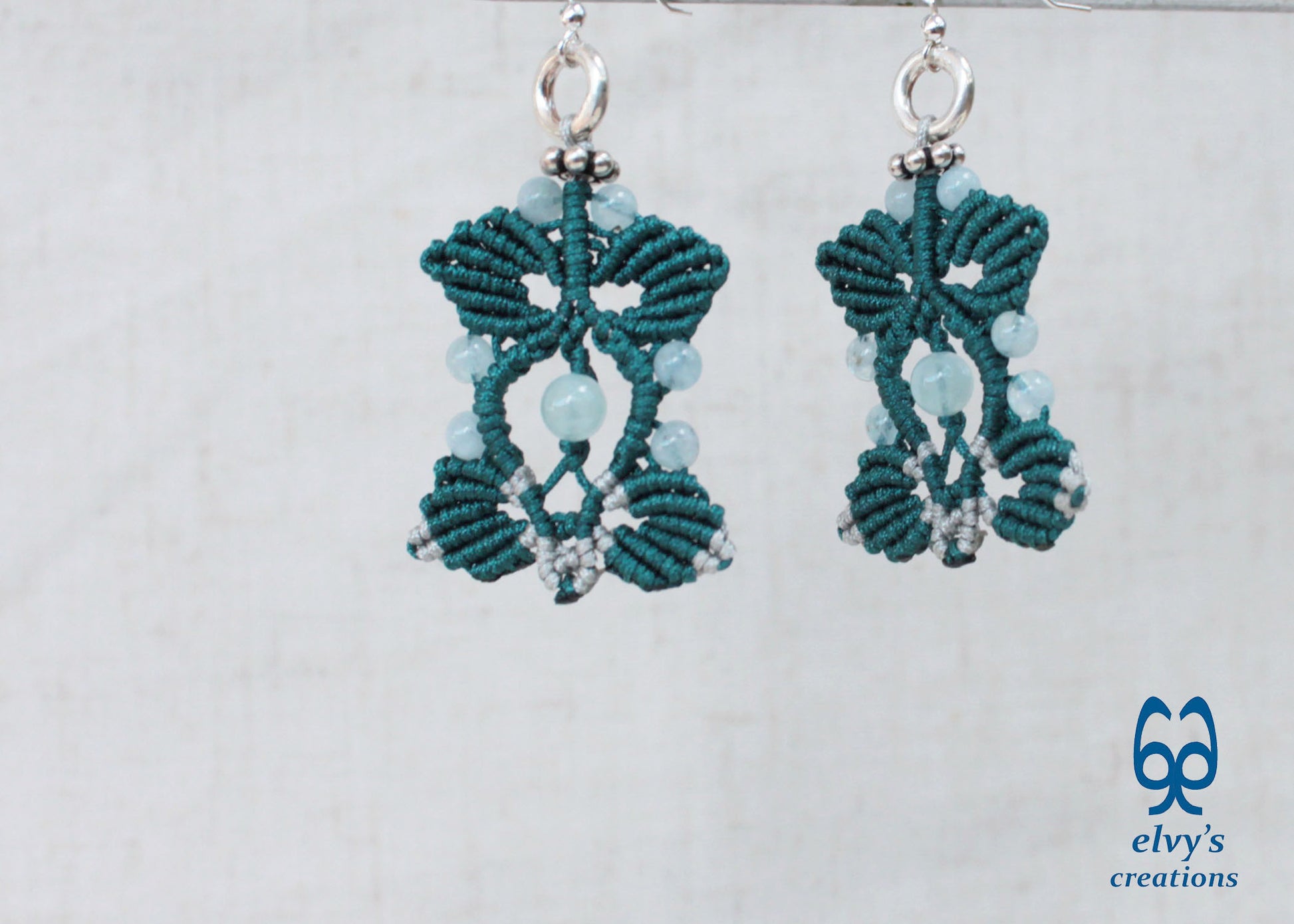 Emerald Green and Silver Macrame Silver Dangle with Aquamarine Healing Gemstones 