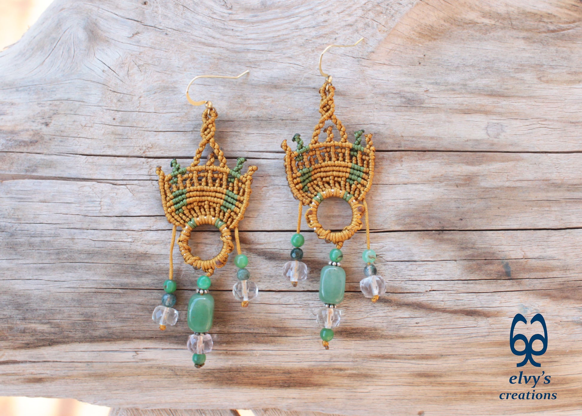 Handmade Gold Macrame Earrings with Green Fluorite Gemstones Dangle