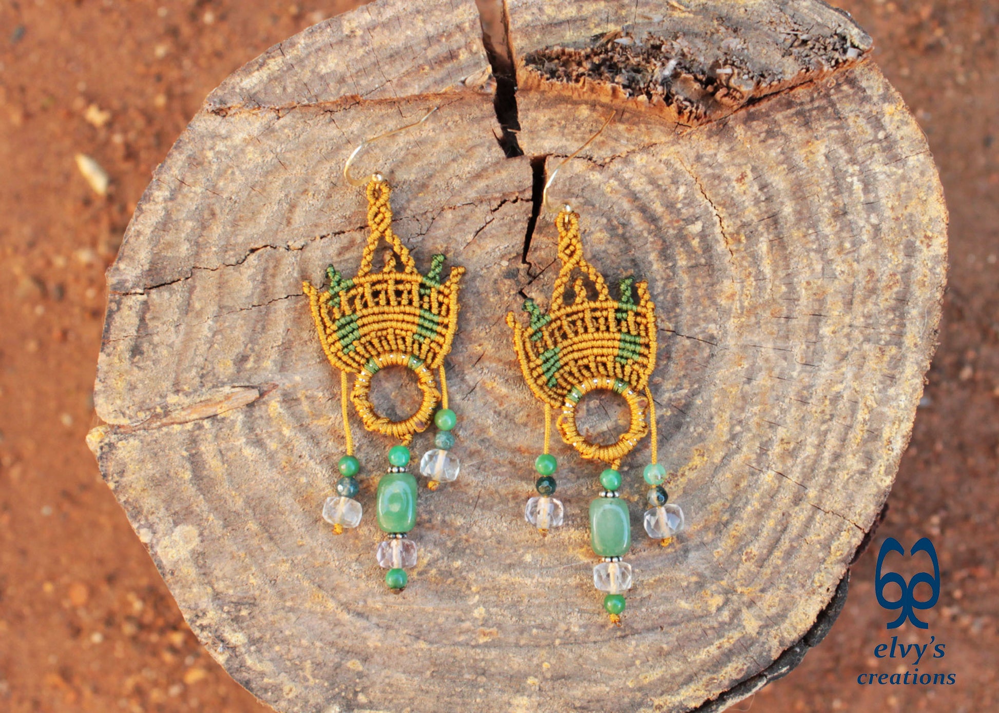 Handmade Gold Macrame Earrings with Green Fluorite Gemstones Dangle