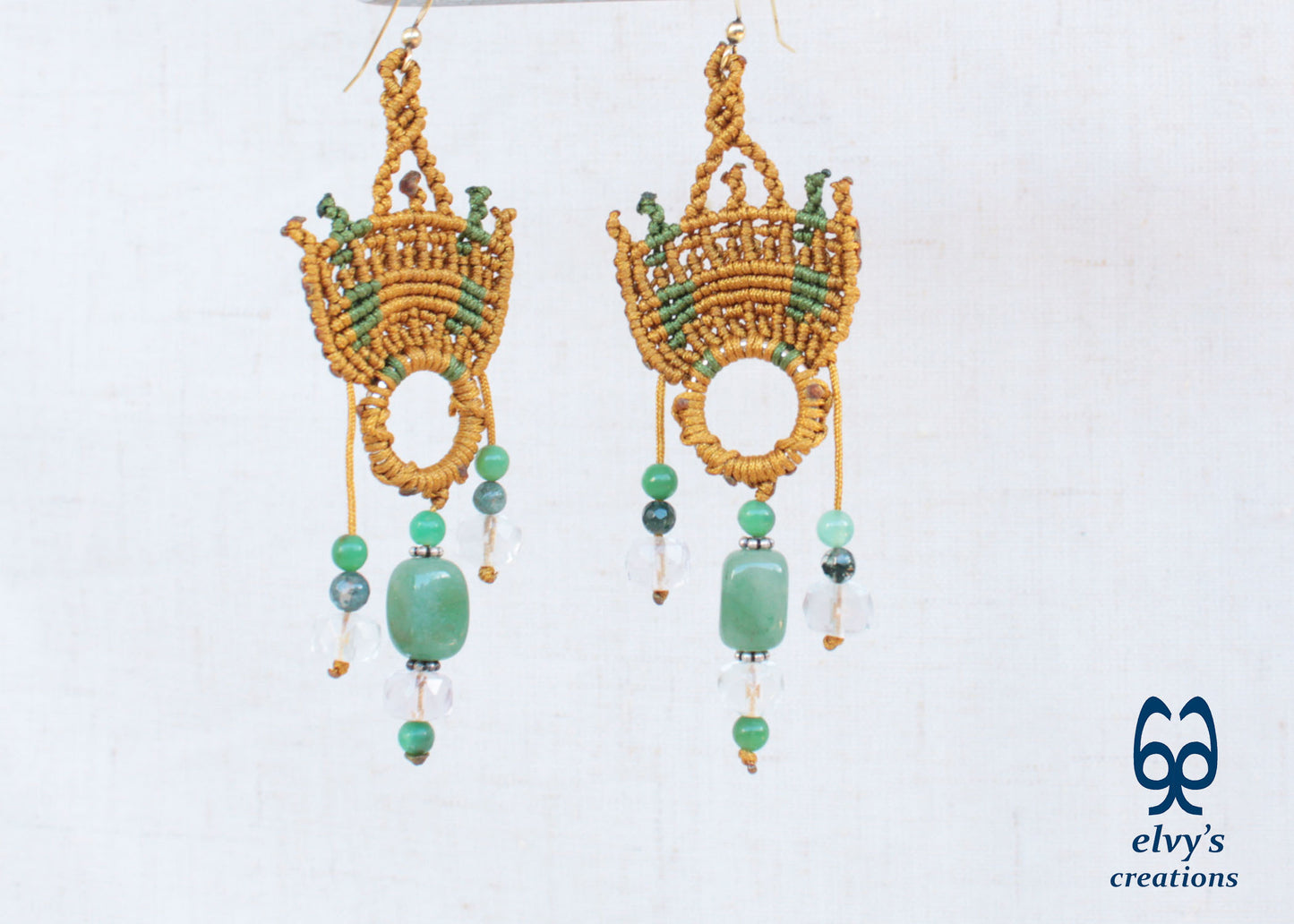 Handmade Gold Macrame Earrings with Green Fluorite Gemstones Dangle