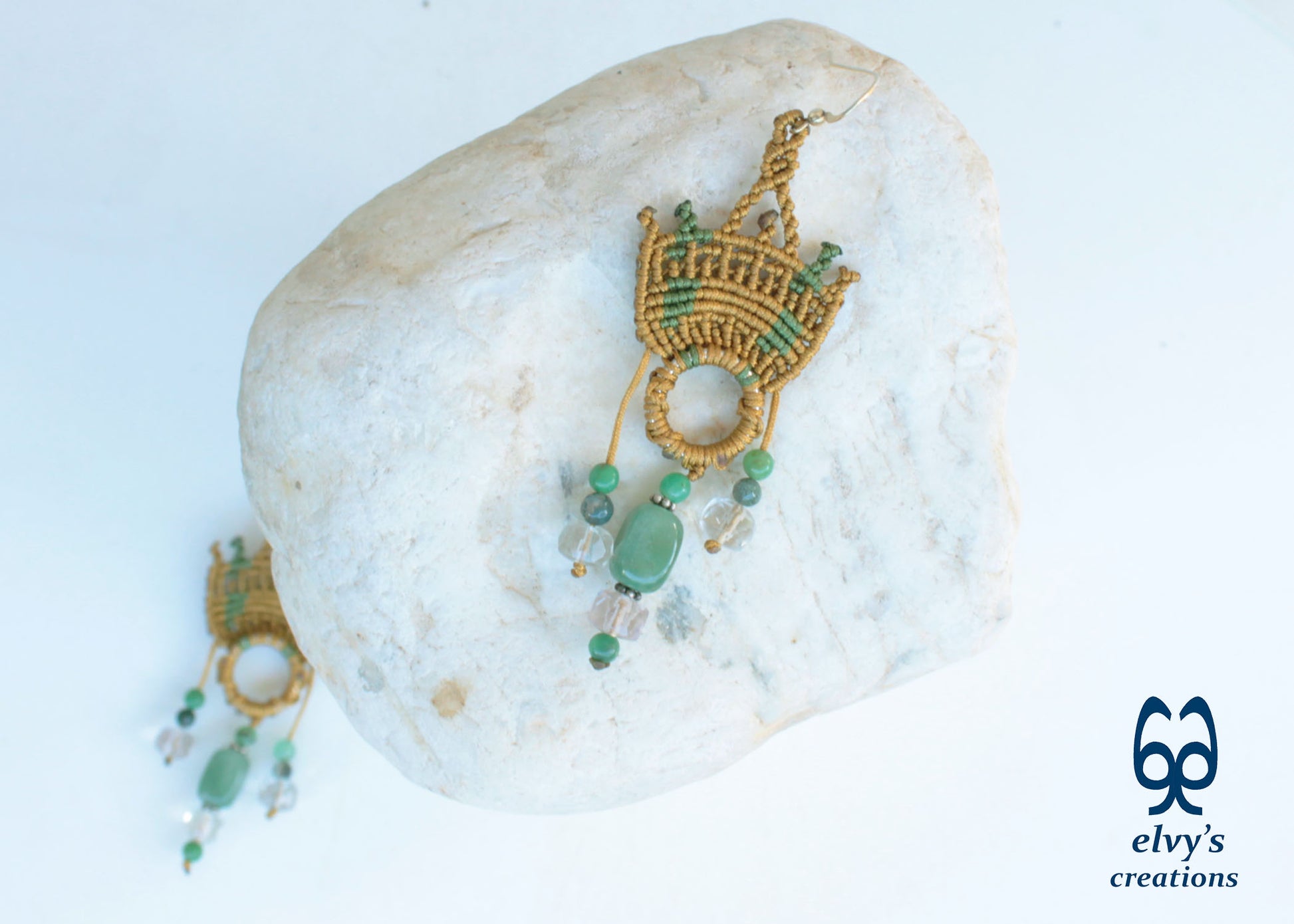 Handmade Gold Macrame Earrings with Green Fluorite Gemstones Dangle