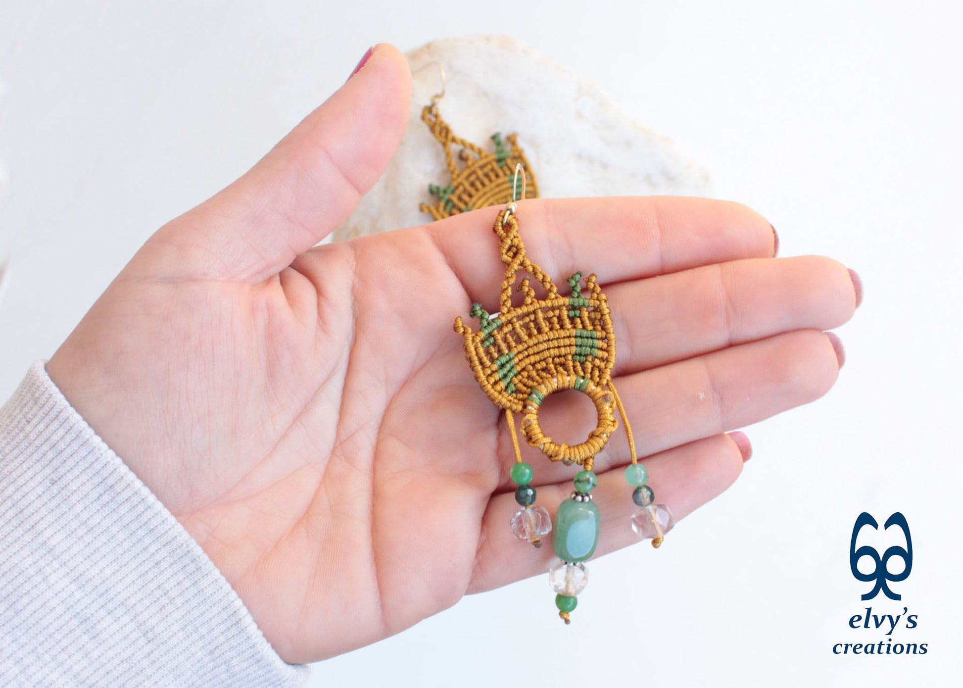 Handmade Gold Macrame Earrings with Green Fluorite Gemstones Dangle