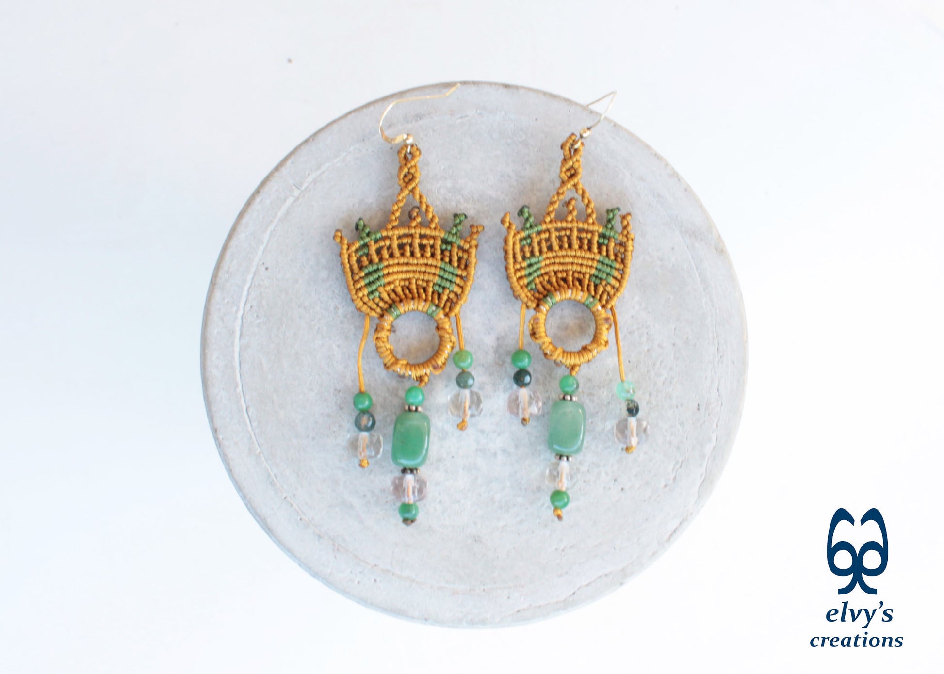 Handmade Gold Macrame Earrings with Green Fluorite Gemstones Dangle