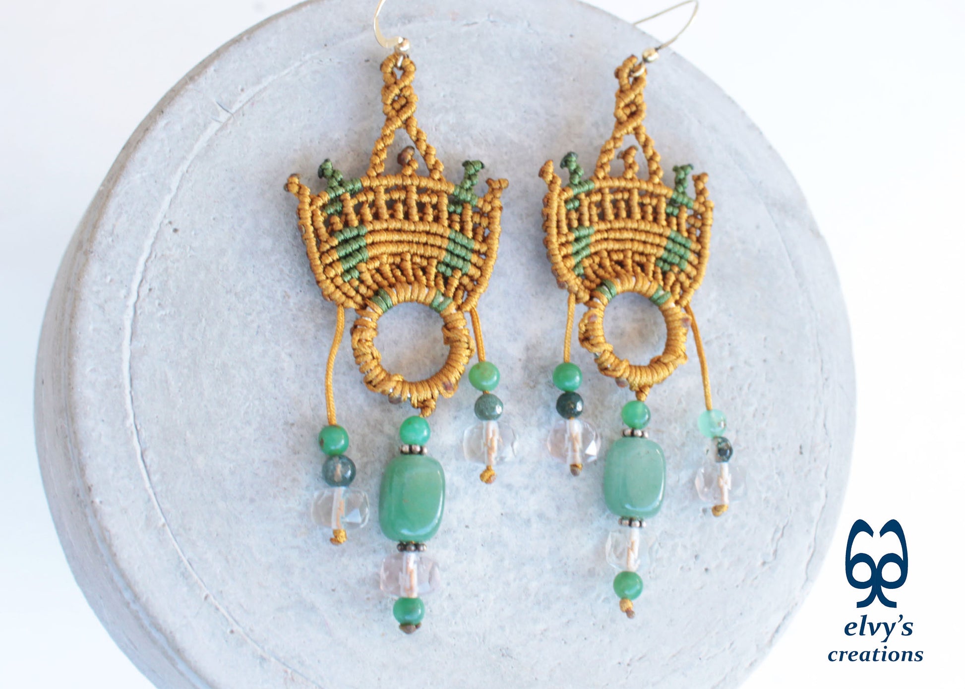 Handmade Gold Macrame Earrings with Green Fluorite Gemstones Dangle