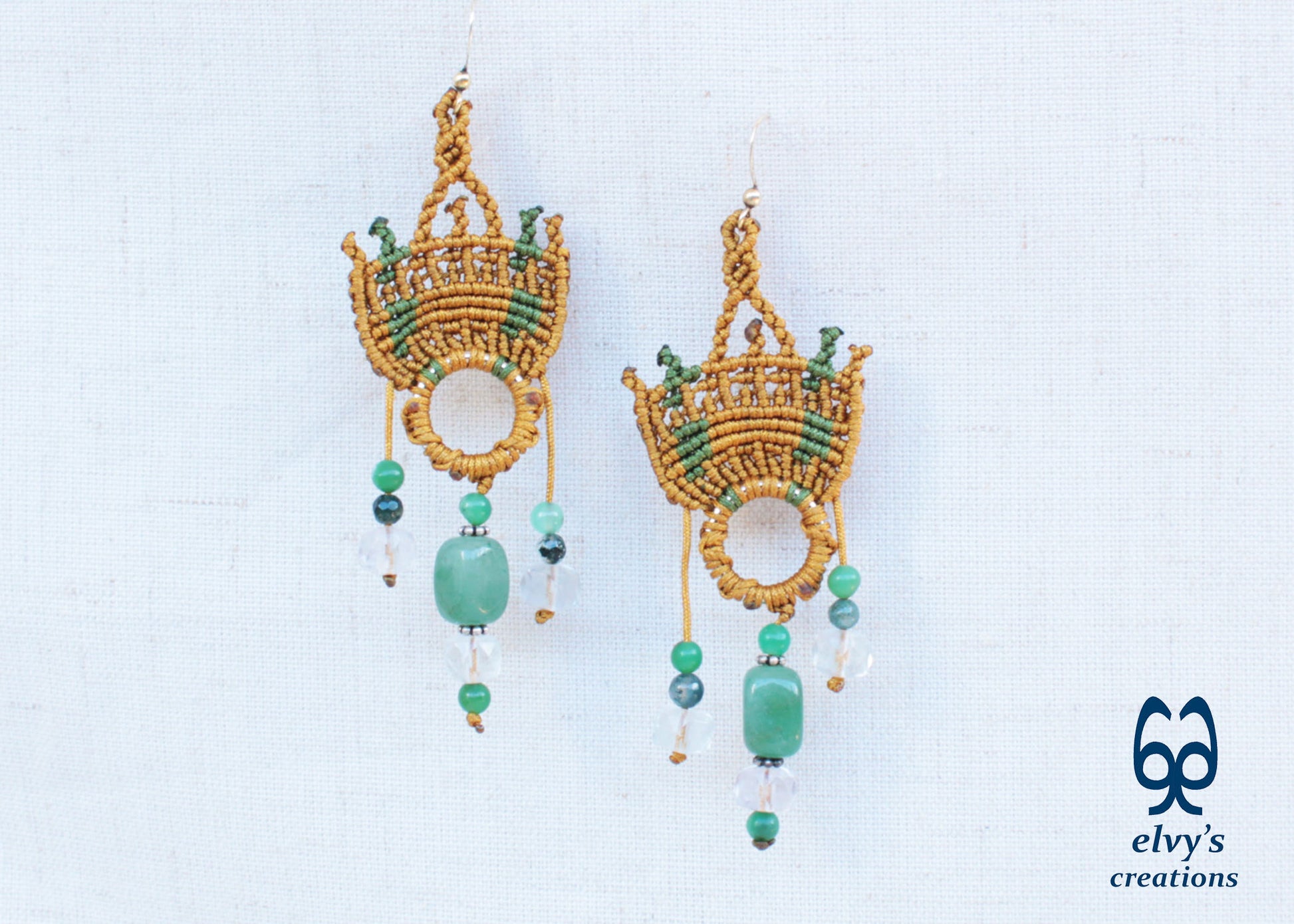 Handmade Gold Macrame Earrings with Green Fluorite Gemstones Dangle