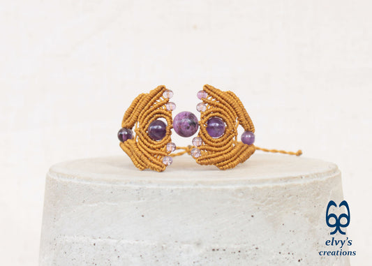 Gold Macrame Bracelet with Amethyst Gemstones