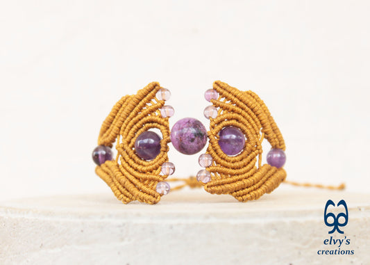 Gold Macrame Bracelet with Amethyst Gemstones