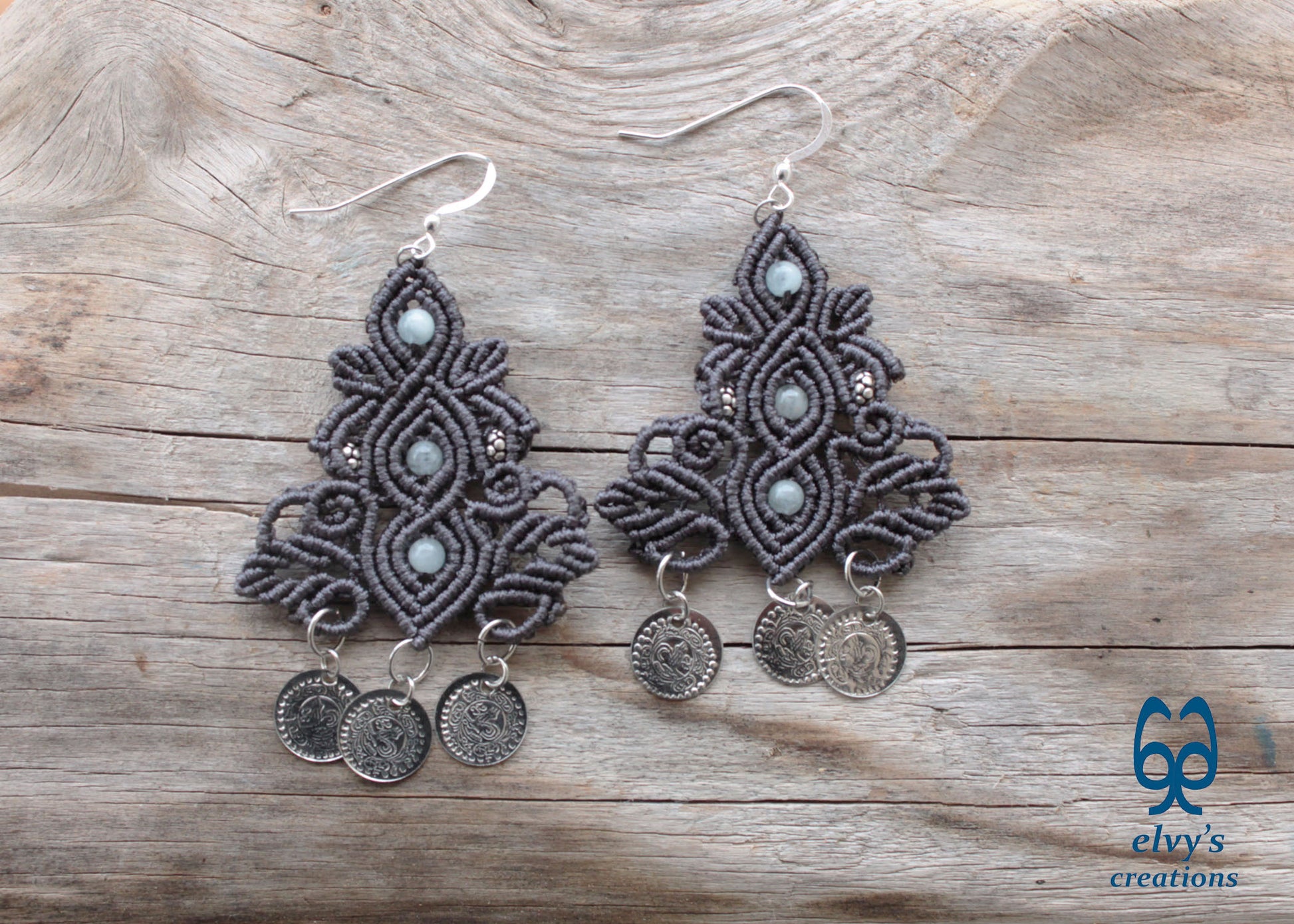 Gray Macrame Silver Earrings Dangle with Aquamarine Healing Gemstones Silver Coins 