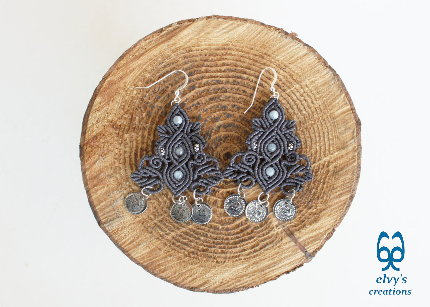 Gray Macrame Silver Earrings Dangle with Aquamarine Healing Gemstones Silver Coins 