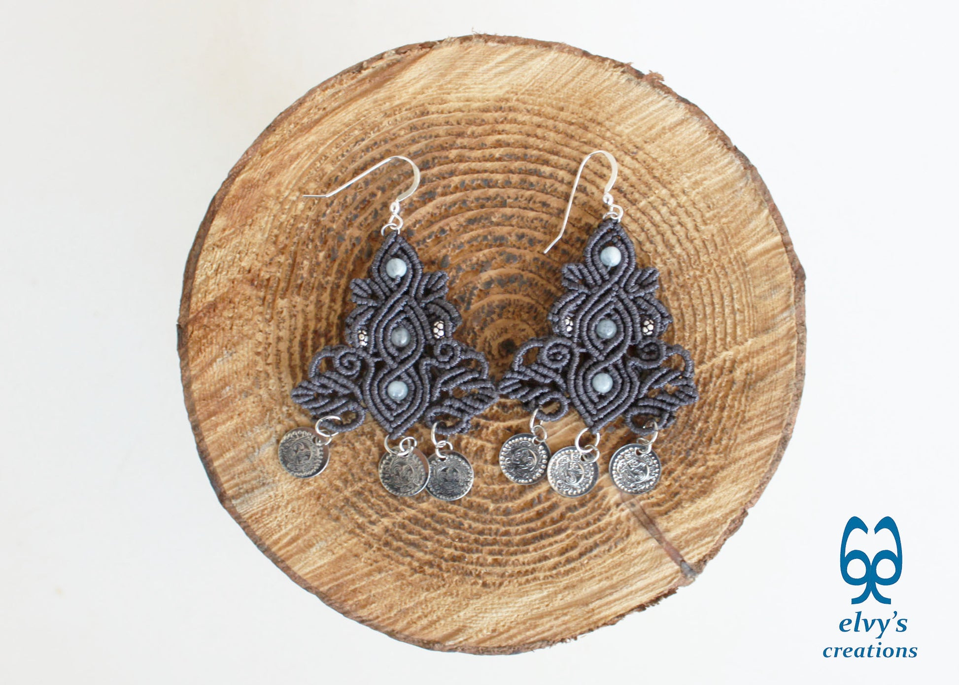 Gray Macrame Silver Earrings Dangle with Aquamarine Healing Gemstones Silver Coins 