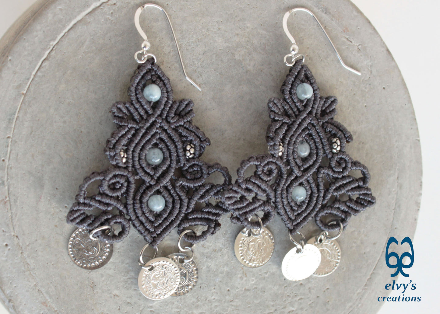 Gray Macrame Silver Earrings Dangle with Aquamarine Healing Gemstones Silver Coins 
