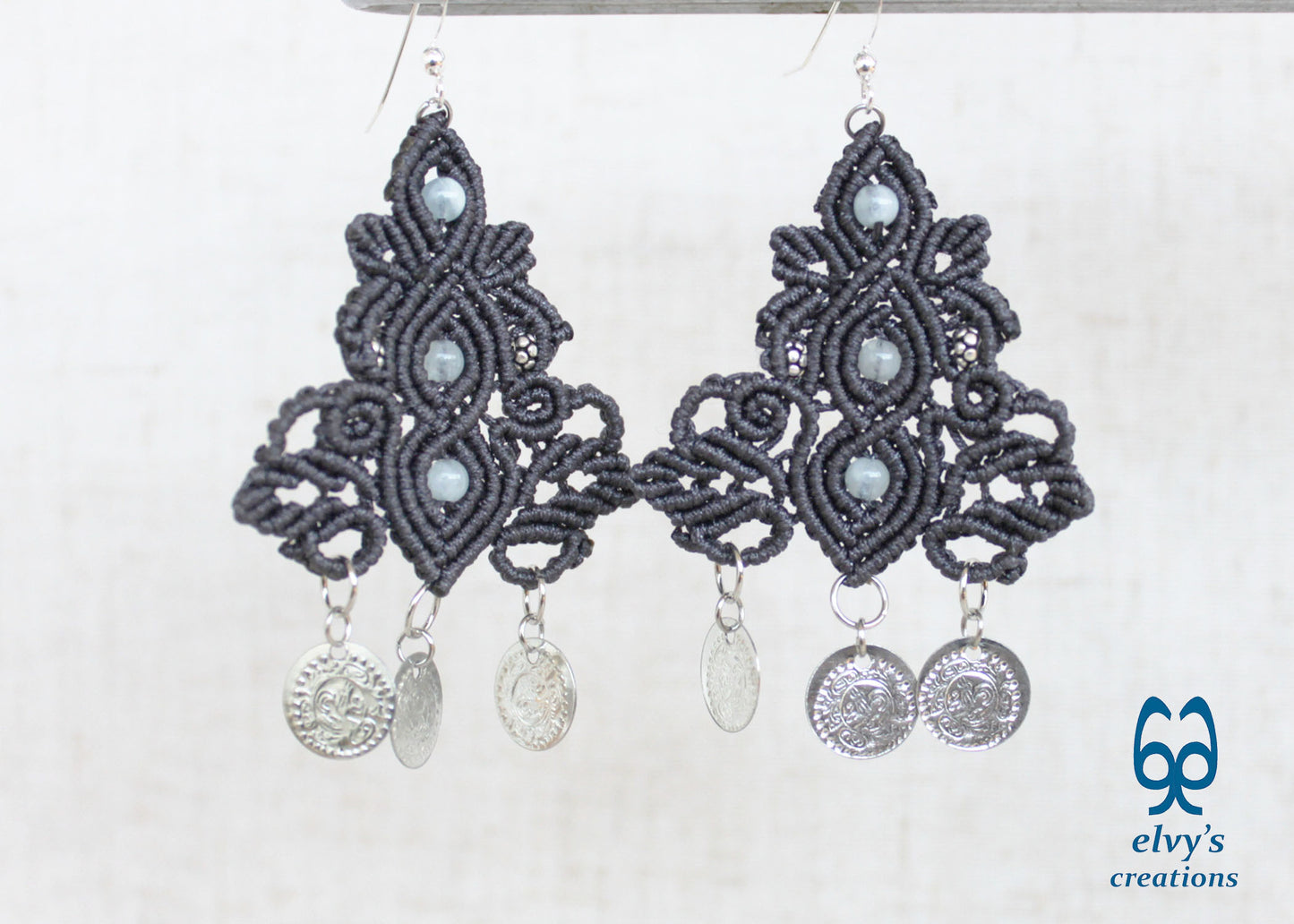 Gray Macrame Silver Earrings Dangle with Aquamarine Healing Gemstones Silver Coins 