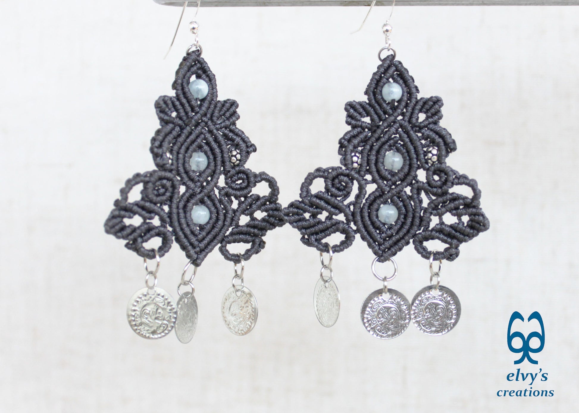 Gray Macrame Silver Earrings Dangle with Aquamarine Healing Gemstones Silver Coins 