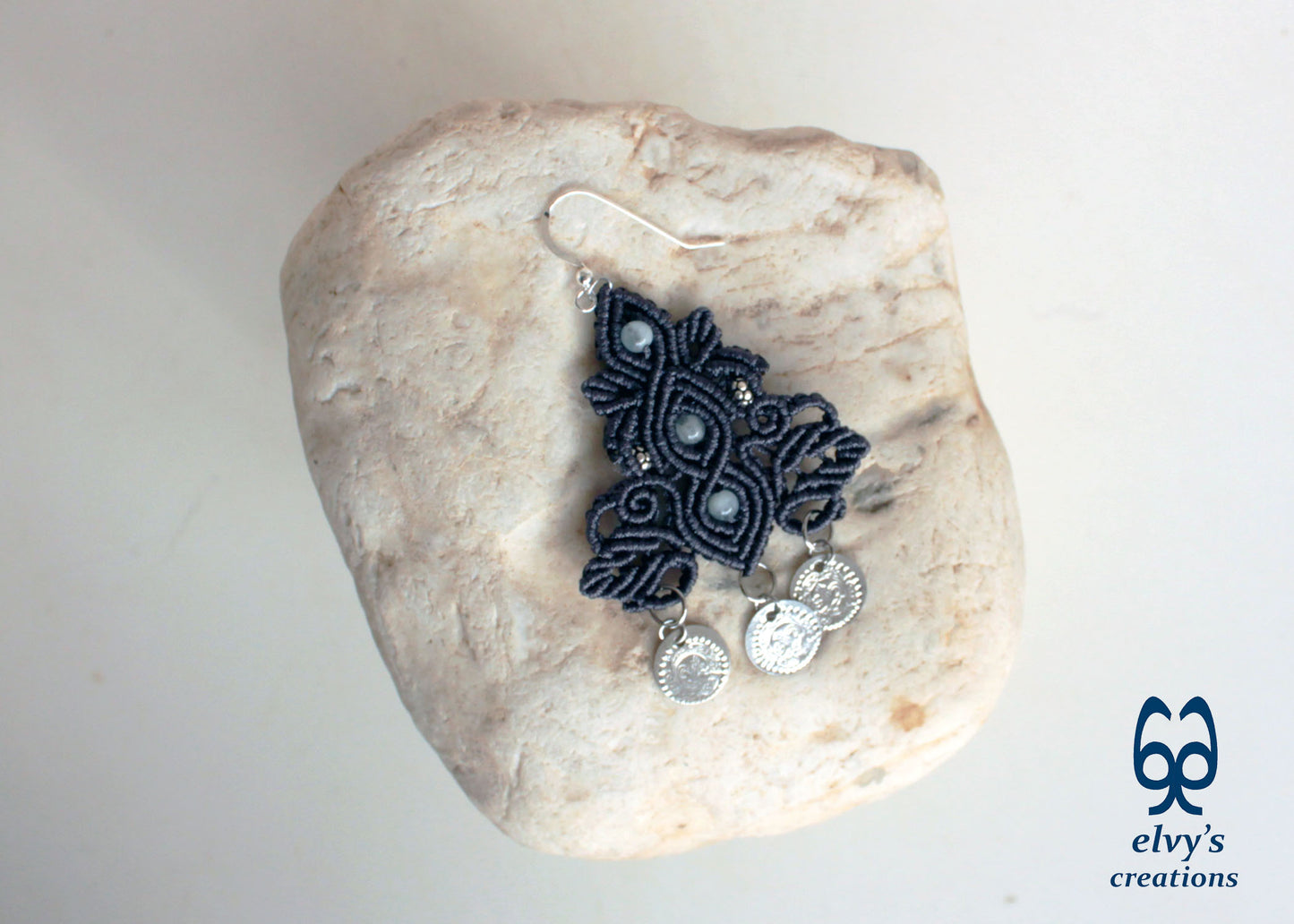 Gray Macrame Silver Earrings Dangle with Aquamarine Healing Gemstones Silver Coins 