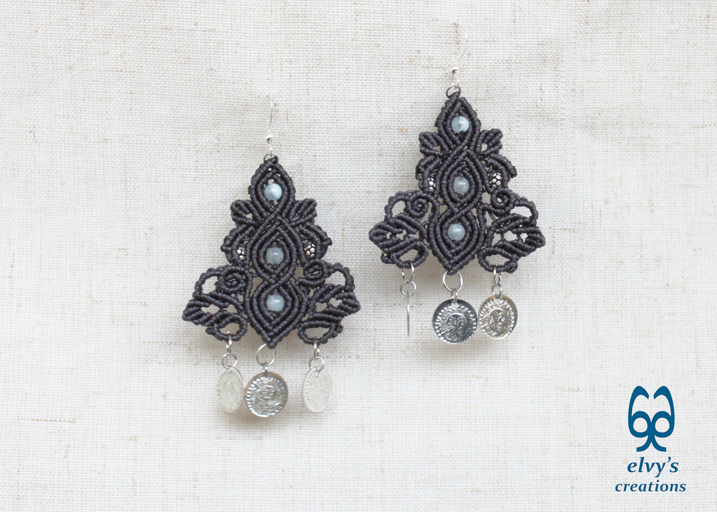 Gray Macrame Silver Earrings Dangle with Aquamarine Healing Gemstones Silver Coins 