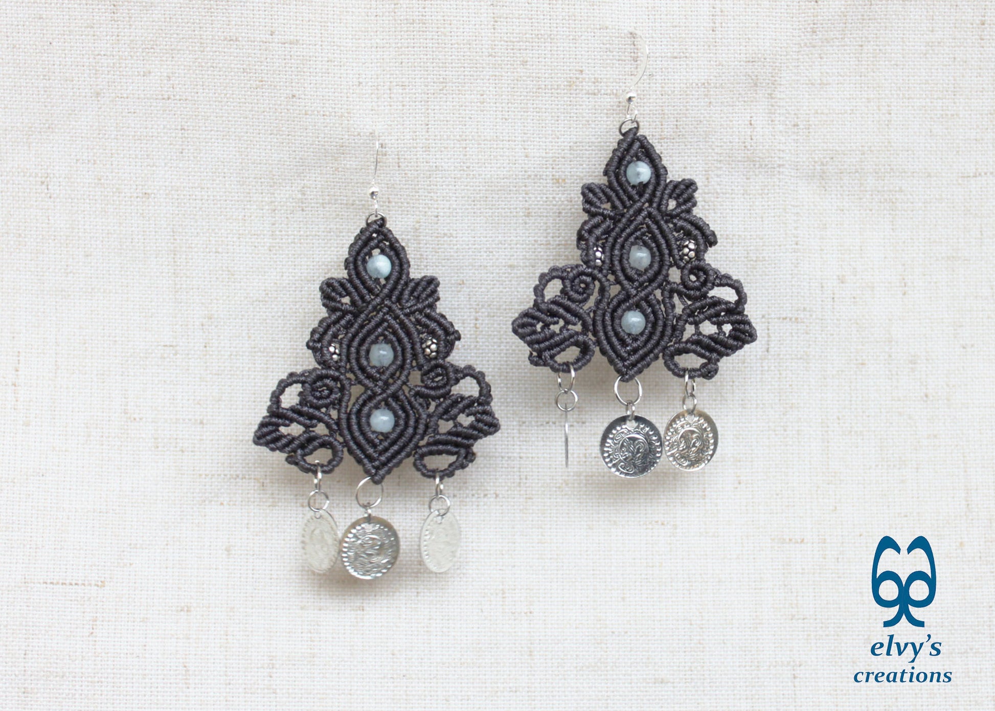 Gray Macrame Silver Earrings Dangle with Aquamarine Healing Gemstones Silver Coins 