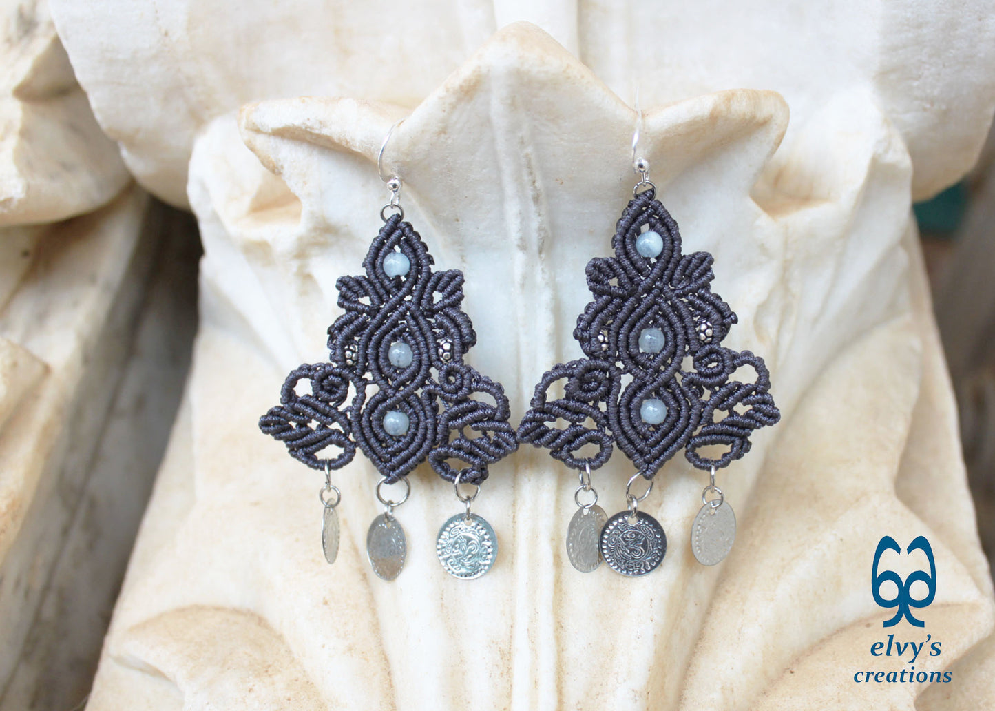 Gray Macrame Silver Earrings Dangle with Aquamarine Healing Gemstones Silver Coins 