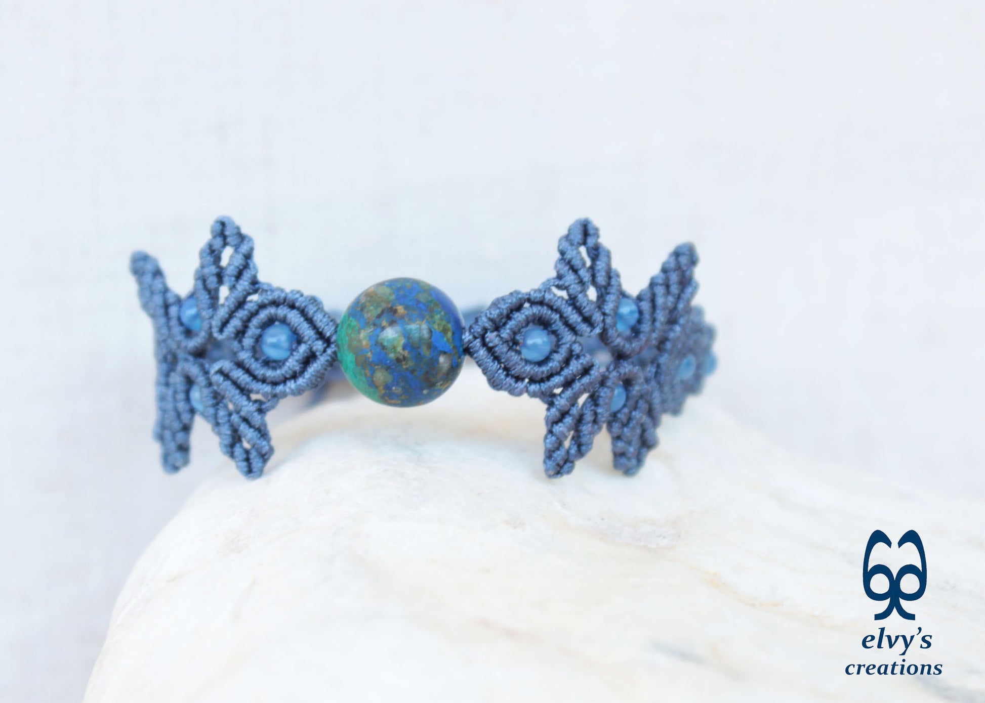 Handmade Gray Macrame Bracelet with Azurite Adjustable Boho Cuff 