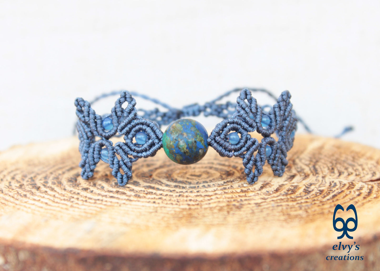 Handmade Gray Macrame Bracelet with Azurite Adjustable Boho Cuff 