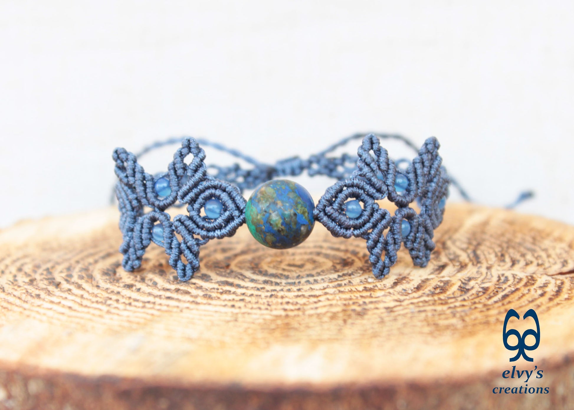 Handmade Gray Macrame Bracelet with Azurite Adjustable Boho Cuff 