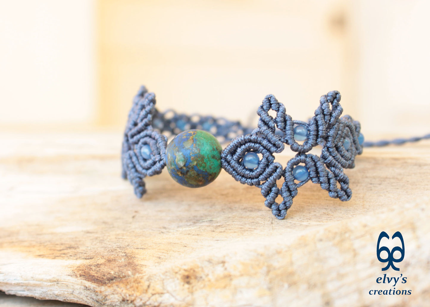 Handmade Gray Macrame Bracelet with Azurite Adjustable Boho Cuff 