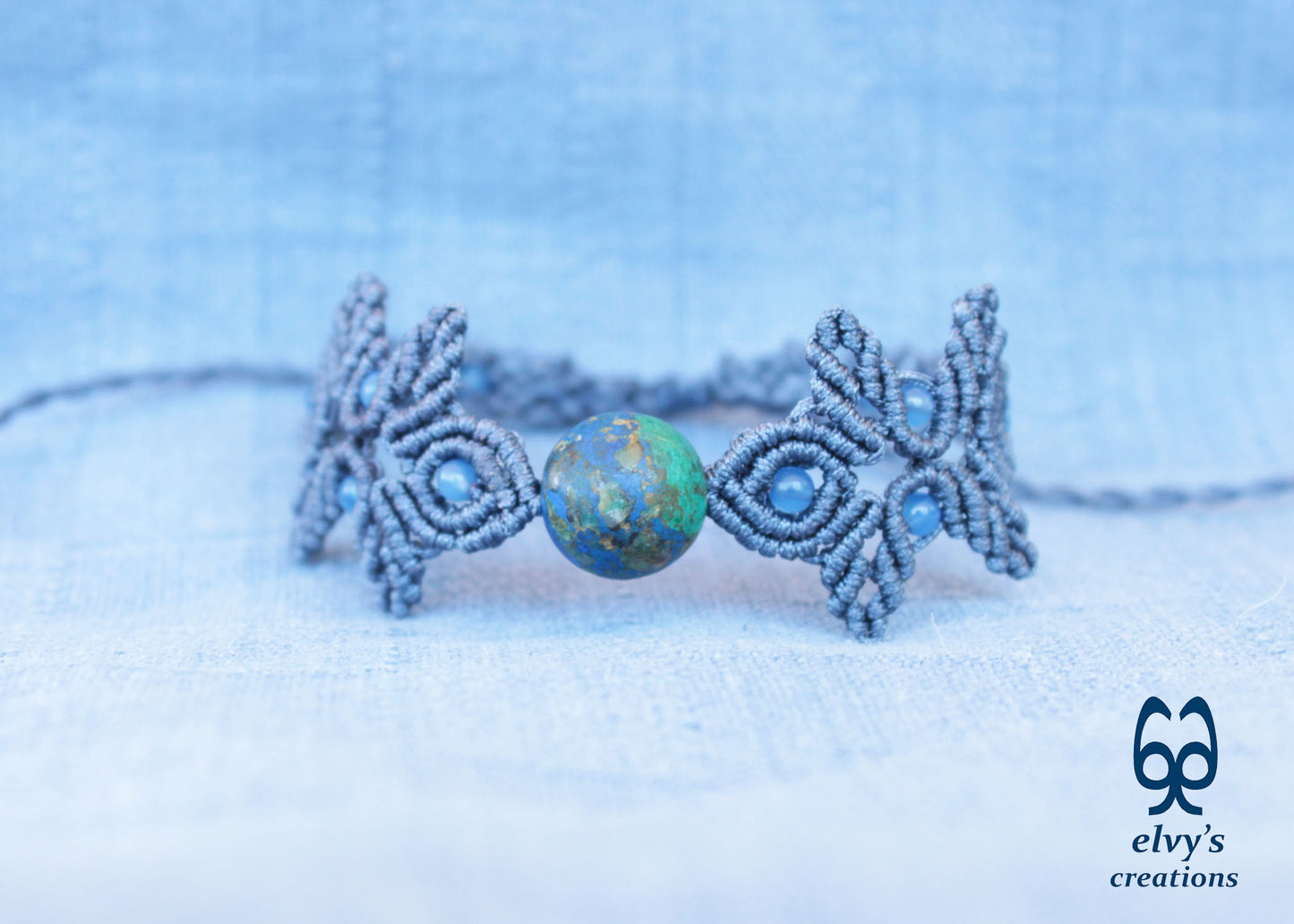 Handmade Gray Macrame Bracelet with Azurite Adjustable Boho Cuff 