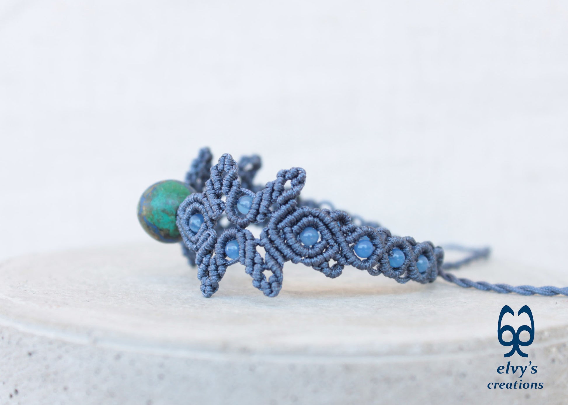 Handmade Gray Macrame Bracelet with Azurite Adjustable Boho Cuff 