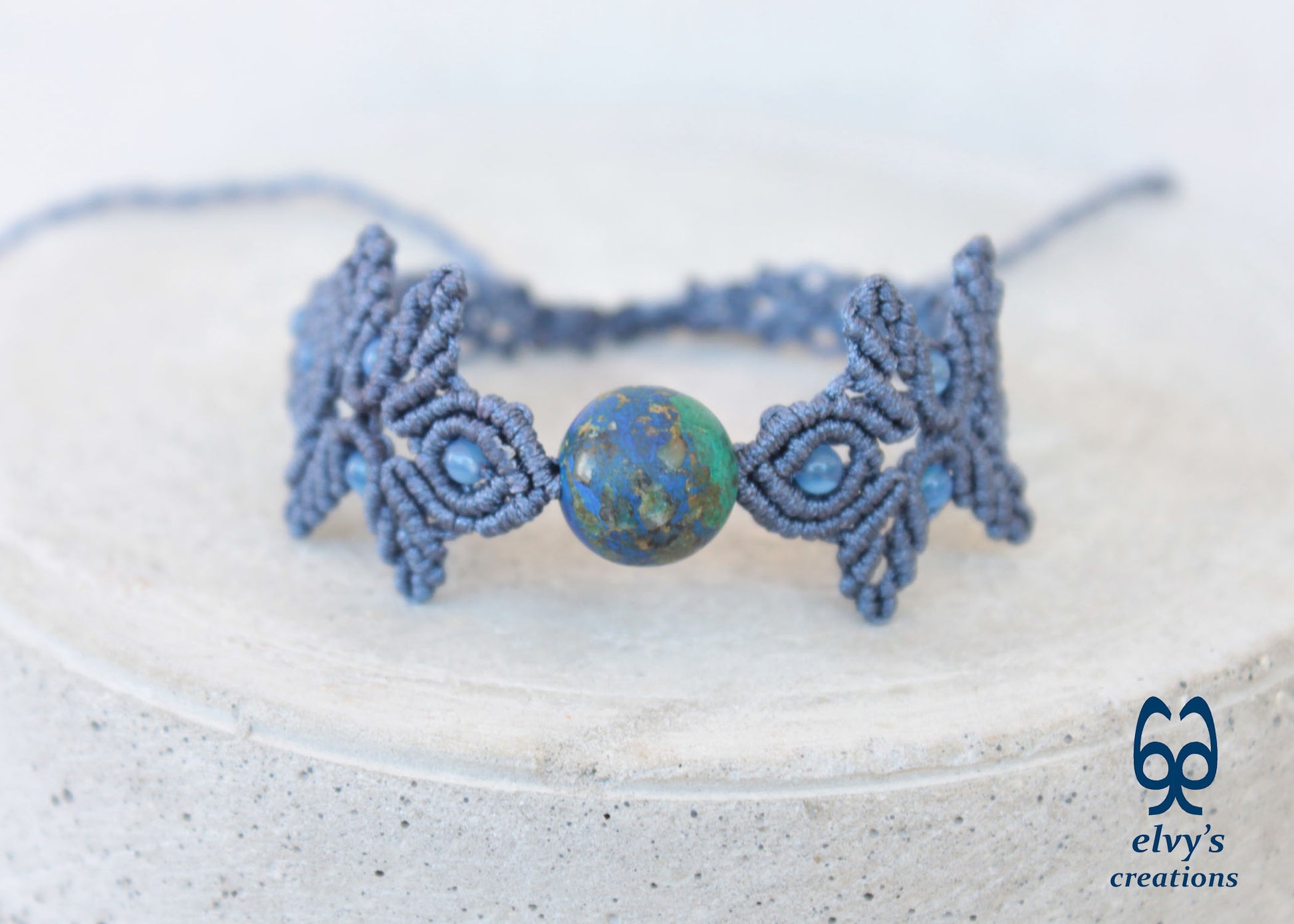 Handmade Gray Macrame Bracelet with Azurite Adjustable Boho Cuff 