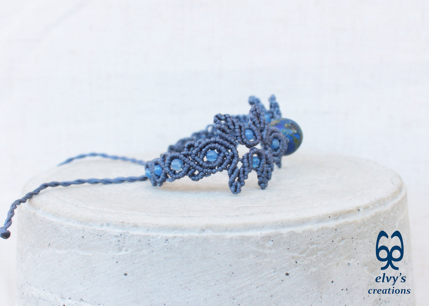 Handmade Gray Macrame Bracelet with Azurite Adjustable Boho Cuff 