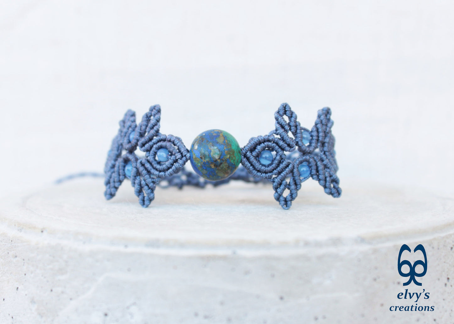 Handmade Gray Macrame Bracelet with Azurite Adjustable Boho Cuff 