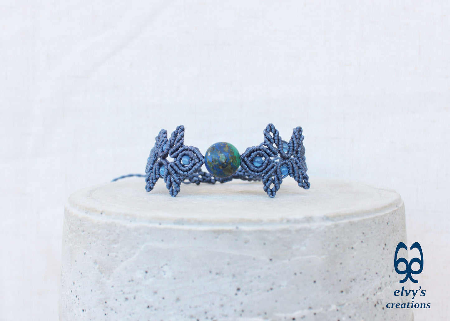 Handmade Gray Macrame Bracelet with Azurite Adjustable Boho Cuff 