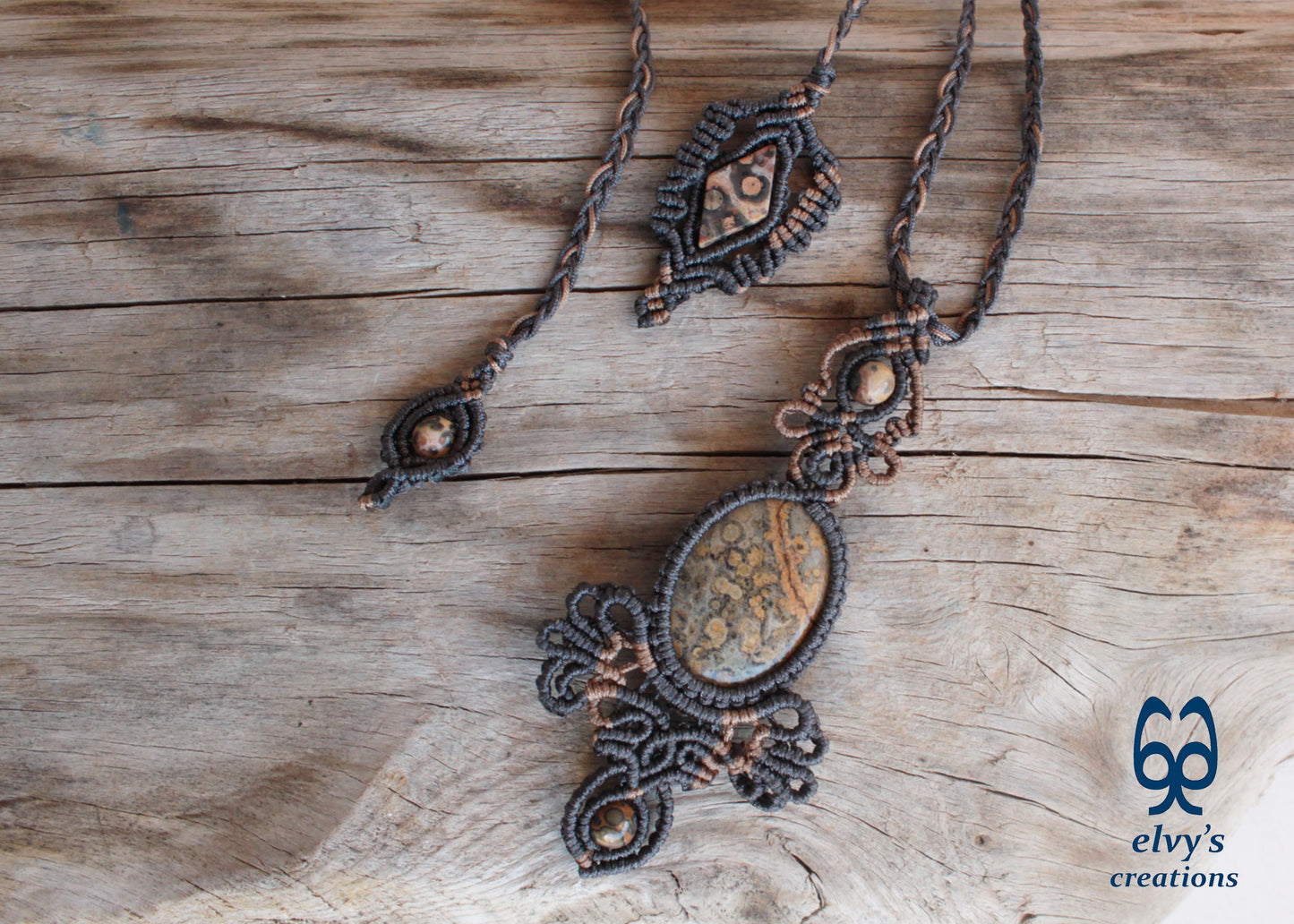 Handmade Gray Macrame Necklace Macrame Pendant with Leopard Jasper