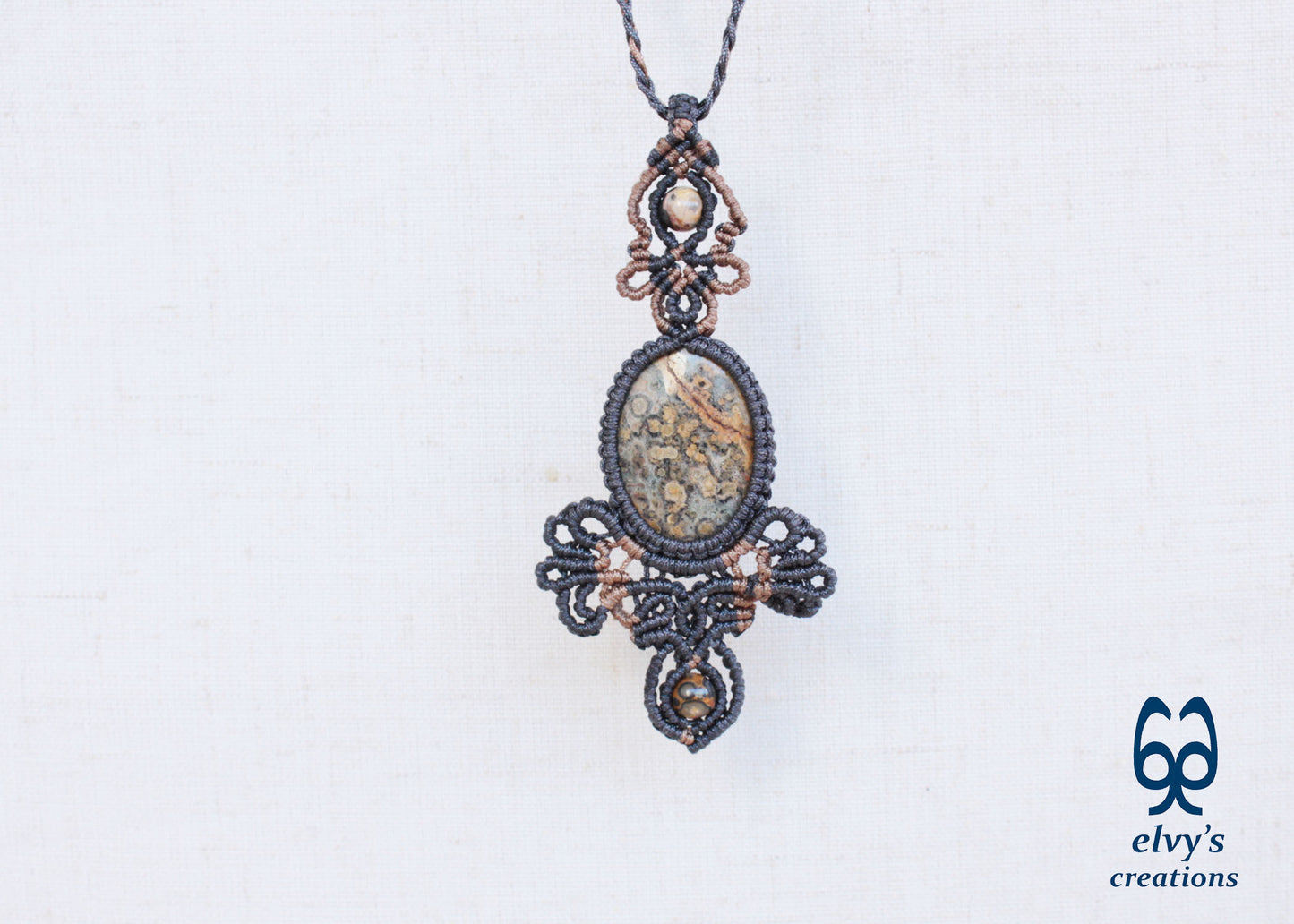 Handmade Gray Macrame Necklace Macrame Pendant with Leopard Jasper