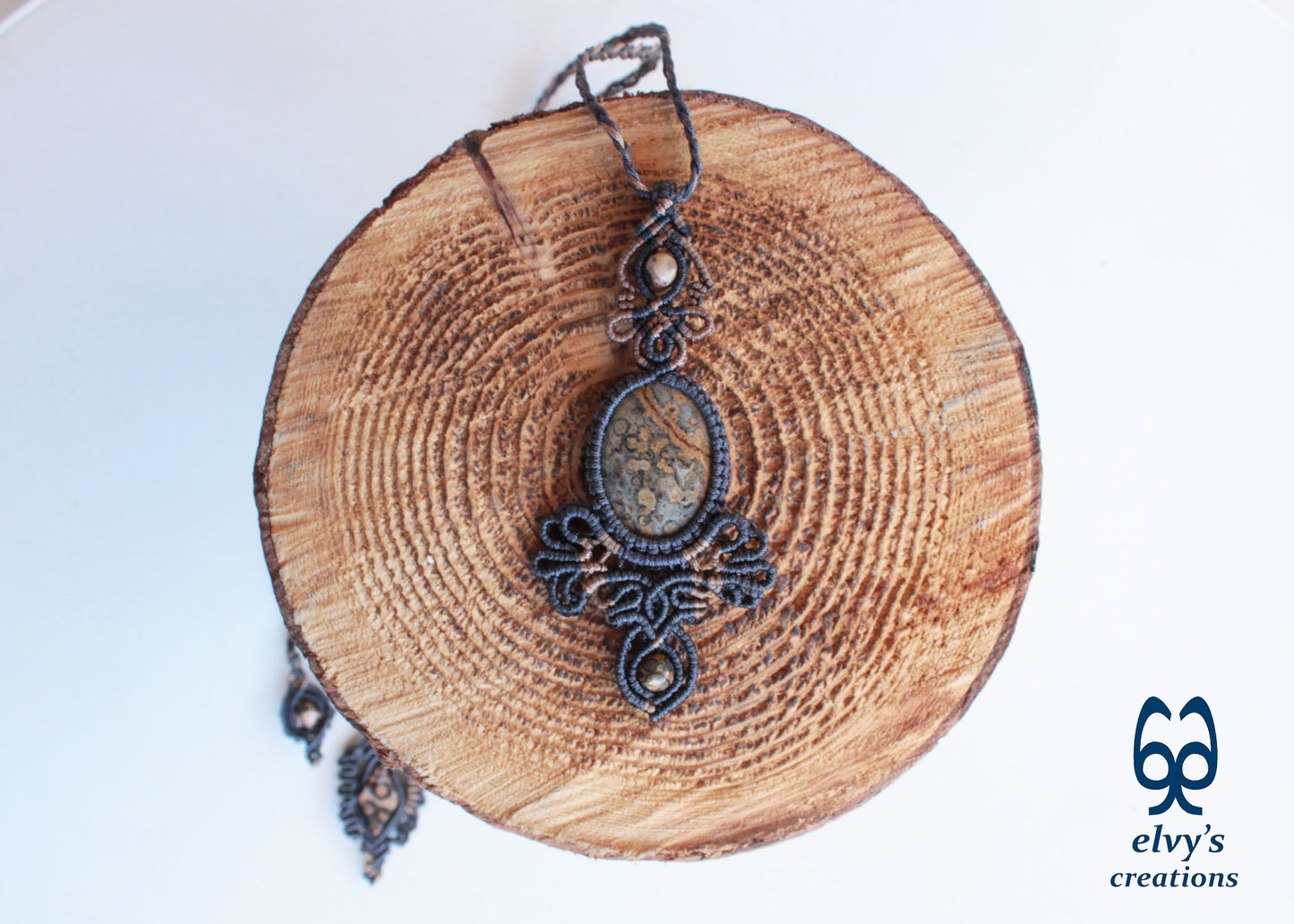 Handmade Gray Macrame Necklace Macrame Pendant with Leopard Jasper