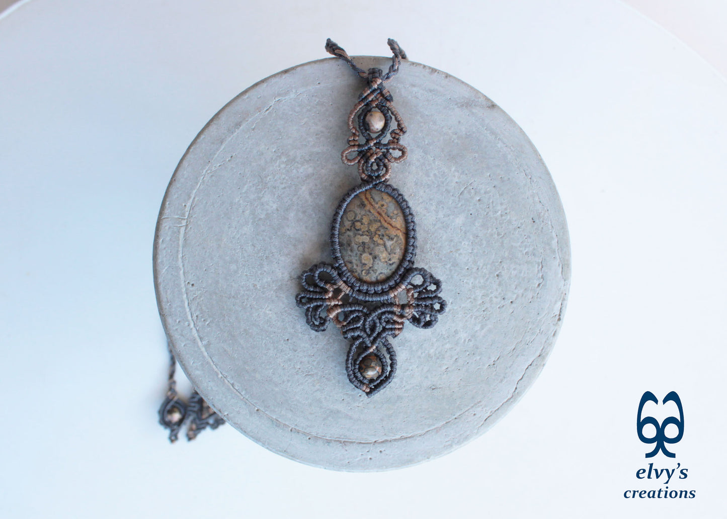 Handmade Gray Macrame Necklace Macrame Pendant with Leopard Jasper