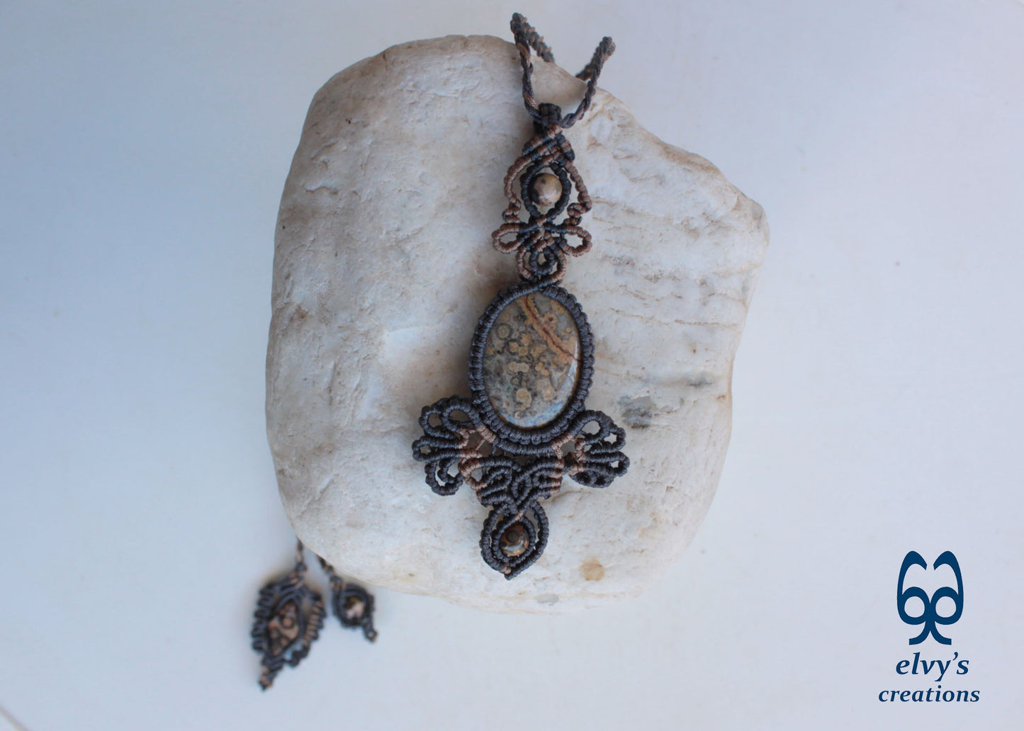 Handmade Gray Macrame Necklace Macrame Pendant with Leopard Jasper