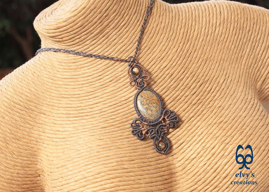 Handmade Gray Macrame Necklace Macrame Pendant with Leopard Jasper