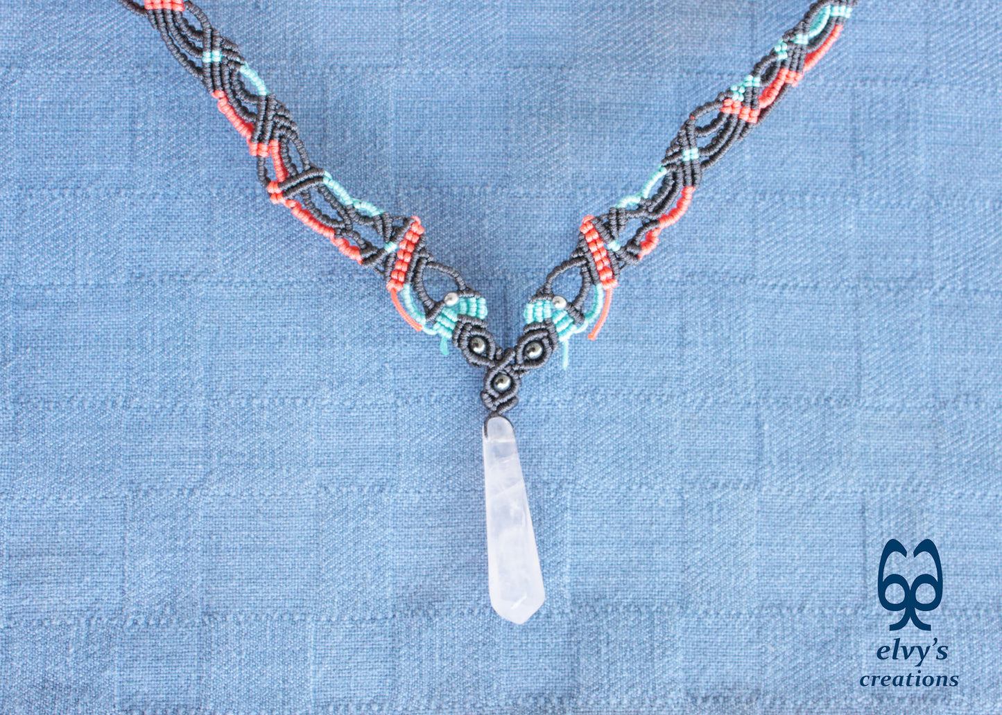 Handmade Macrame Necklace with Crystal Quartz Gemstones Crystal Choker Necklace