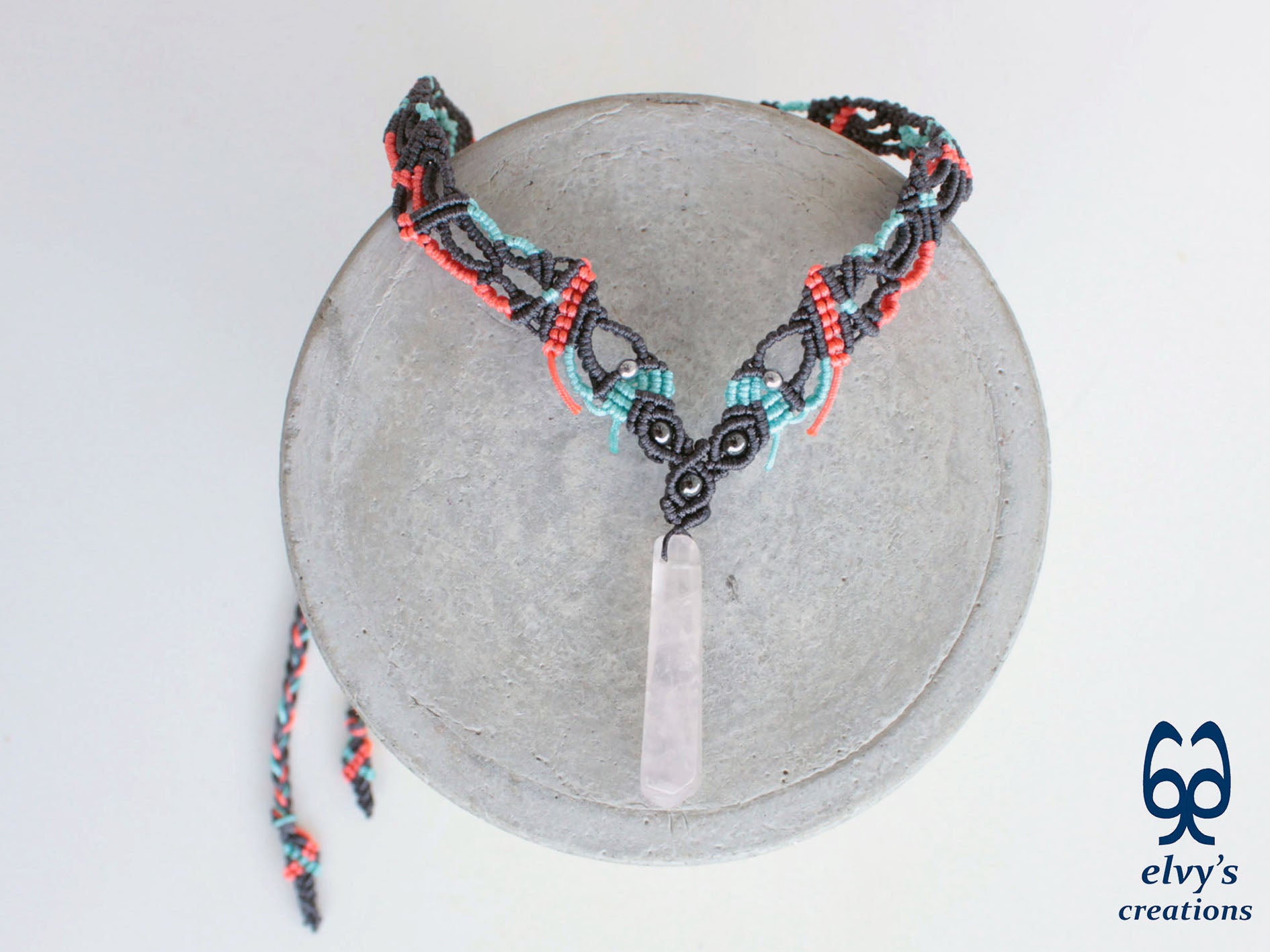 Handmade Macrame Necklace with Crystal Quartz Gemstones Crystal Choker Necklace