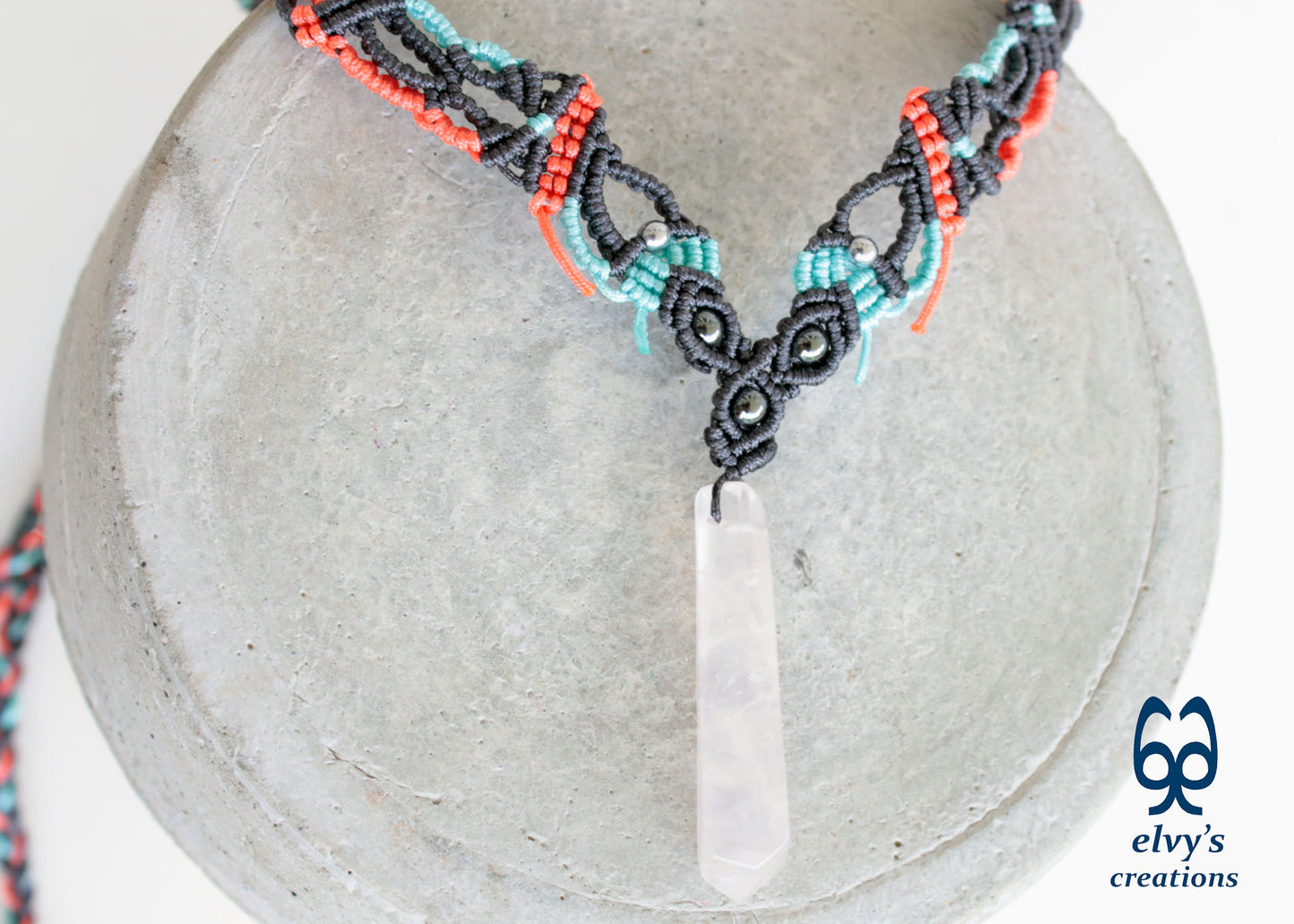 Handmade Macrame Necklace with Crystal Quartz Gemstones Crystal Choker Necklace