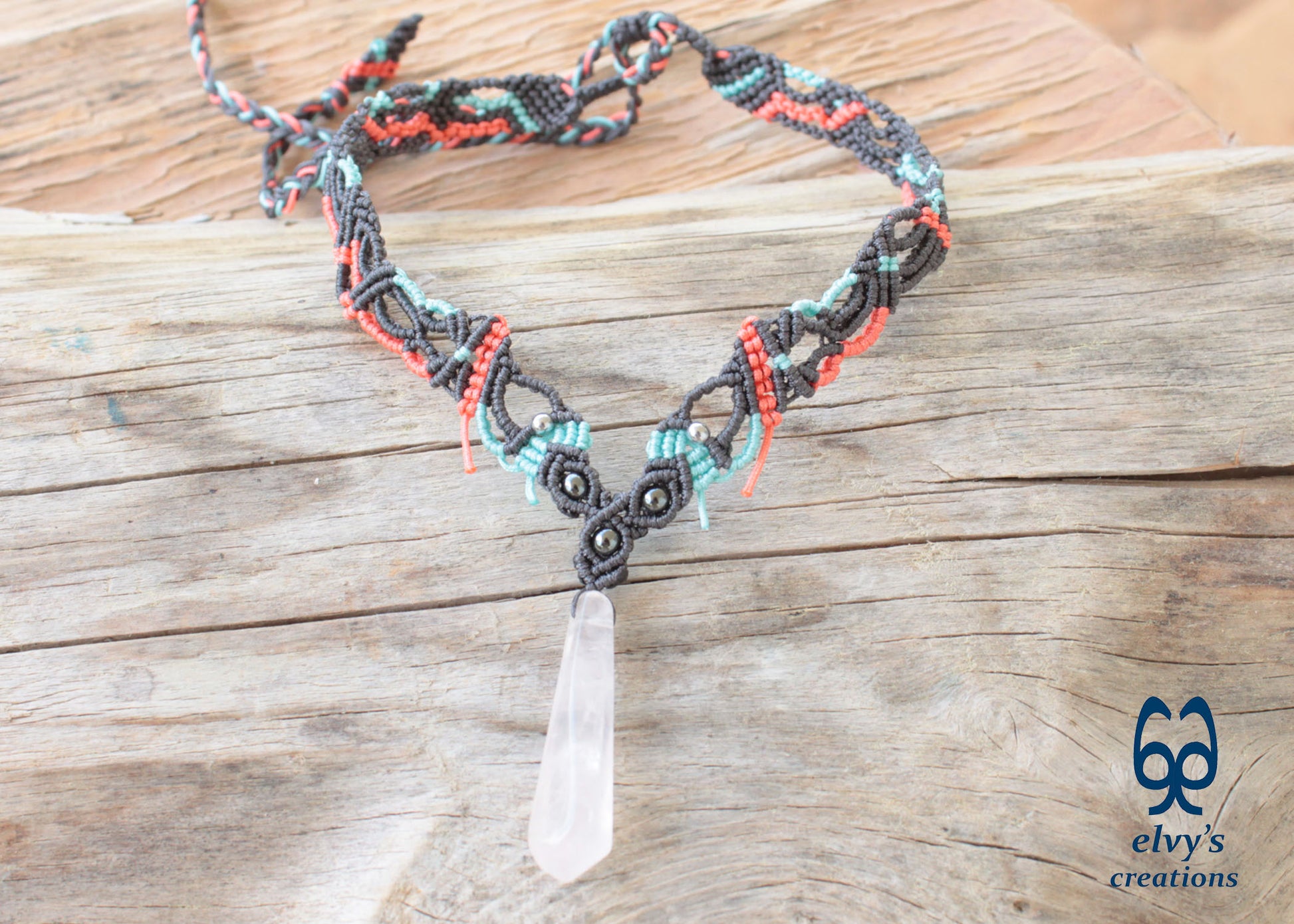 Handmade Macrame Necklace with Crystal Quartz Gemstones Crystal Choker Necklace