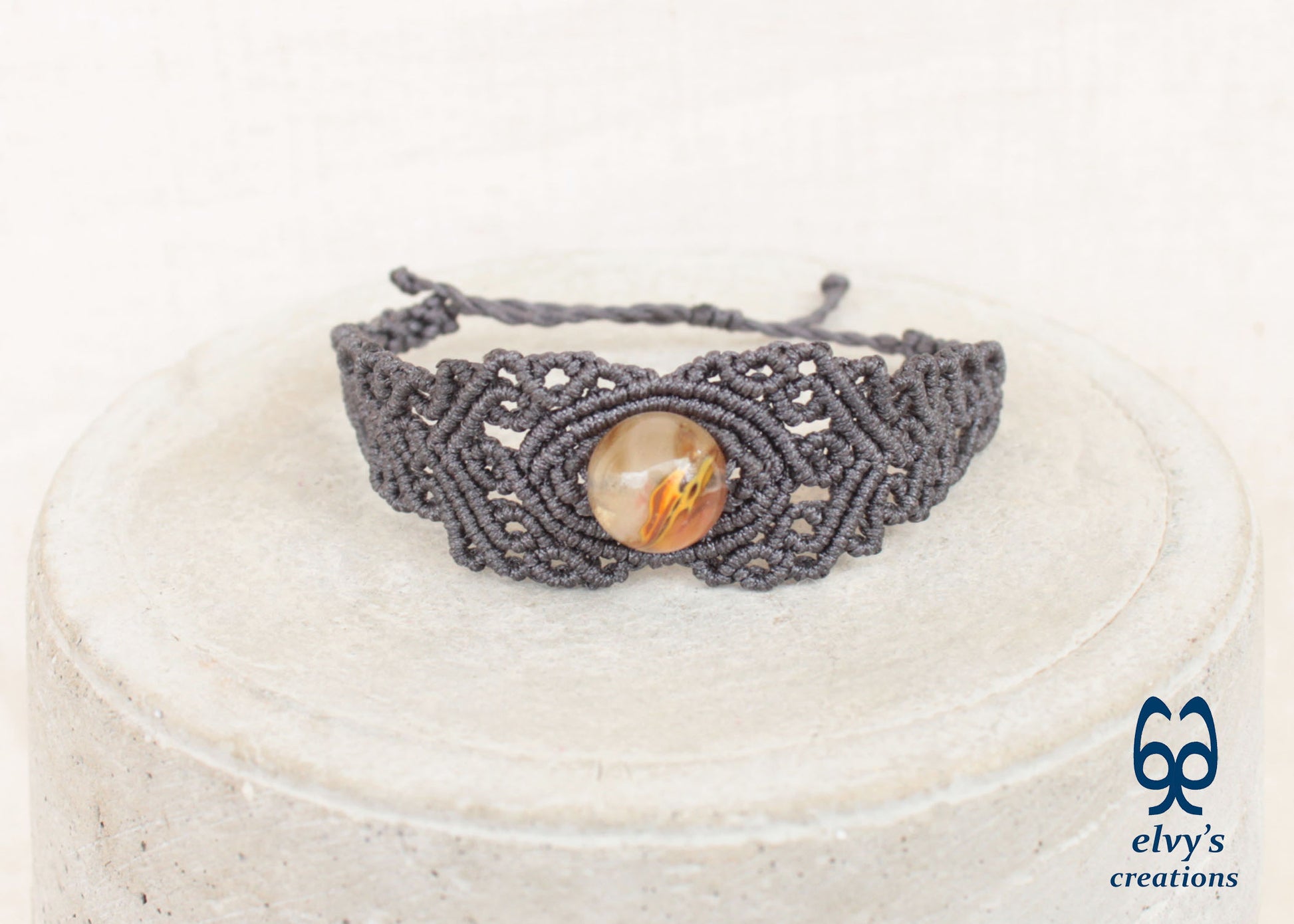 Gray Macrame Bracelet with Crystal Quartz Gemstone, Handmade Unique Birthday Gift for Women