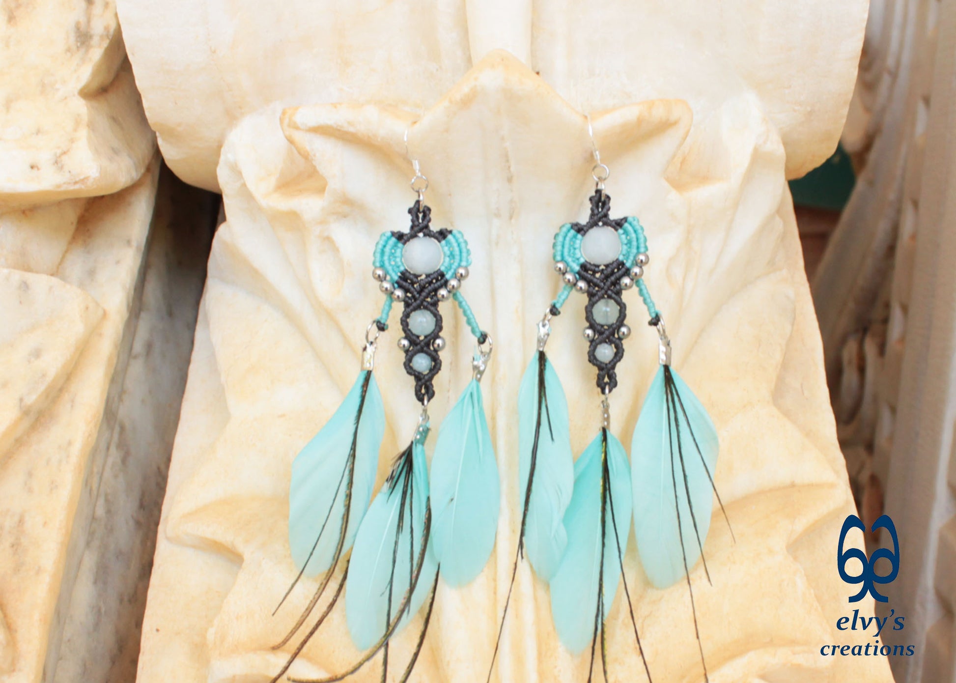 Gray Macrame Earrings with Aquamarine Gemstones, Handmade Silver Earrings with Turquoise Feathers