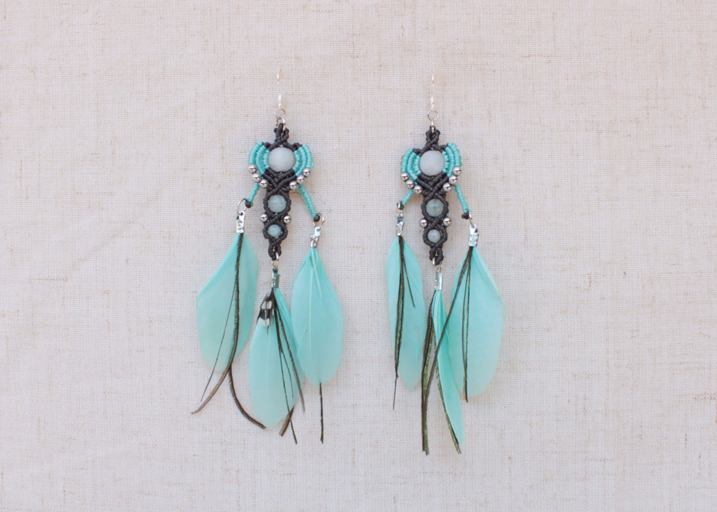 Gray Macrame Earrings with Aquamarine Gemstones, Handmade Silver Earrings with Turquoise Feathers